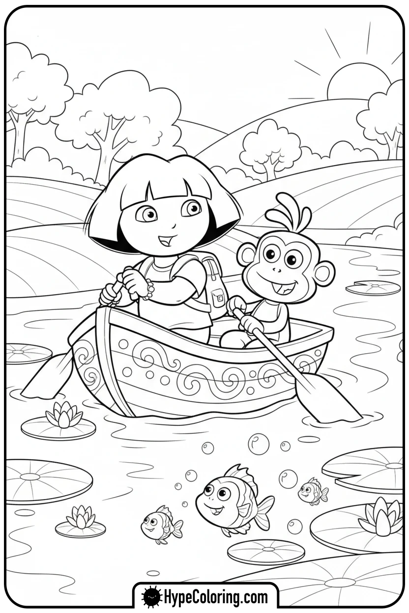 Click to download PDF dora-and-boots-on-a-rowboat - dora the explorer coloring pages