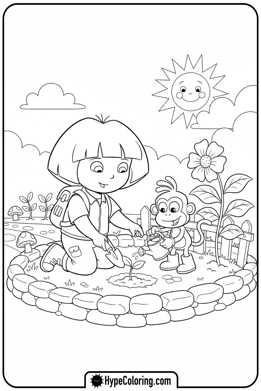 Click to download PDF dora-planting-flowers-with-boots - dora the explorer coloring pages