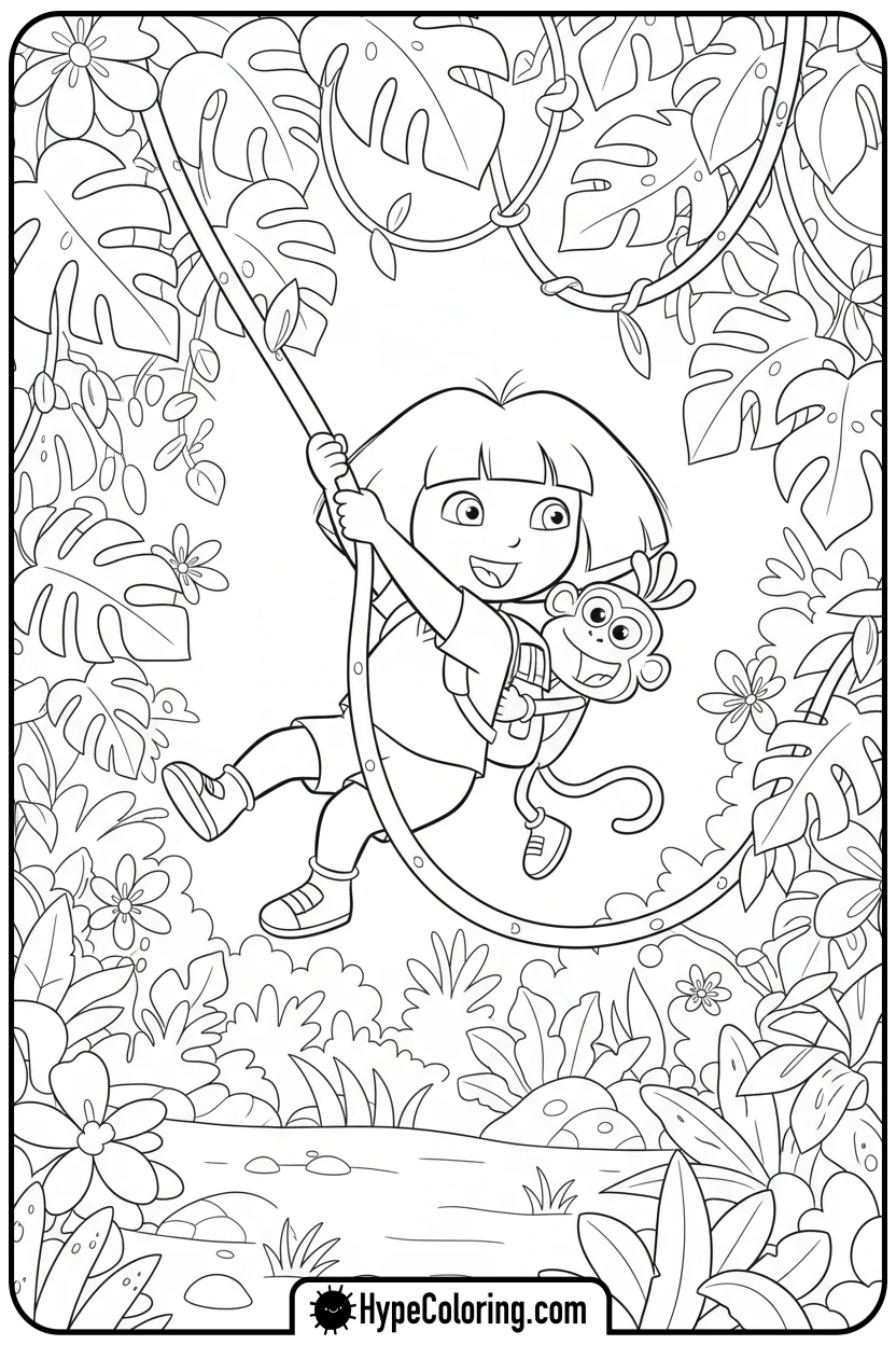 Click to download PDF dora-swinging-on-jungle-vine - dora the explorer coloring pages
