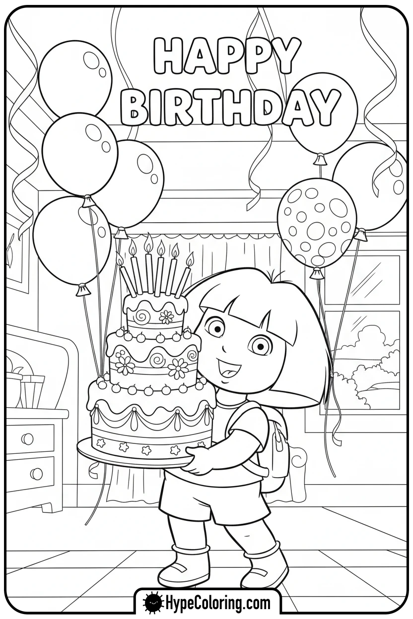 Click to download PDF dora-holding-birthday-cake - dora the explorer coloring pages