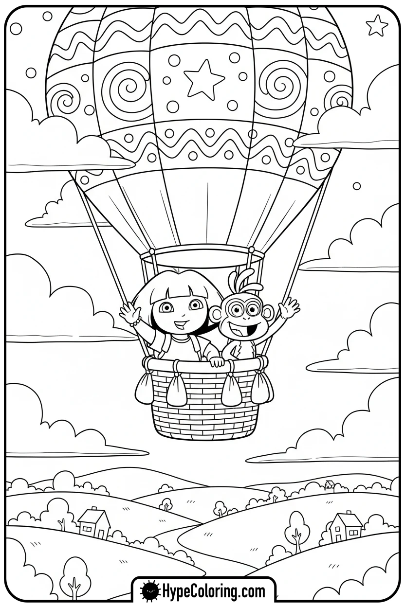 Click to download PDF dora-and-boots-in-hot-air-balloon - dora the explorer coloring pages