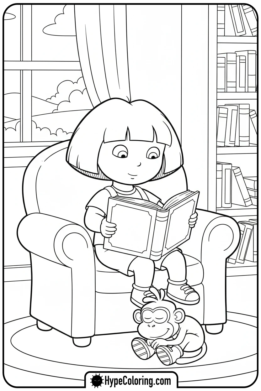 Click to download PDF dora-reading-a-book-quietly - dora the explorer coloring pages
