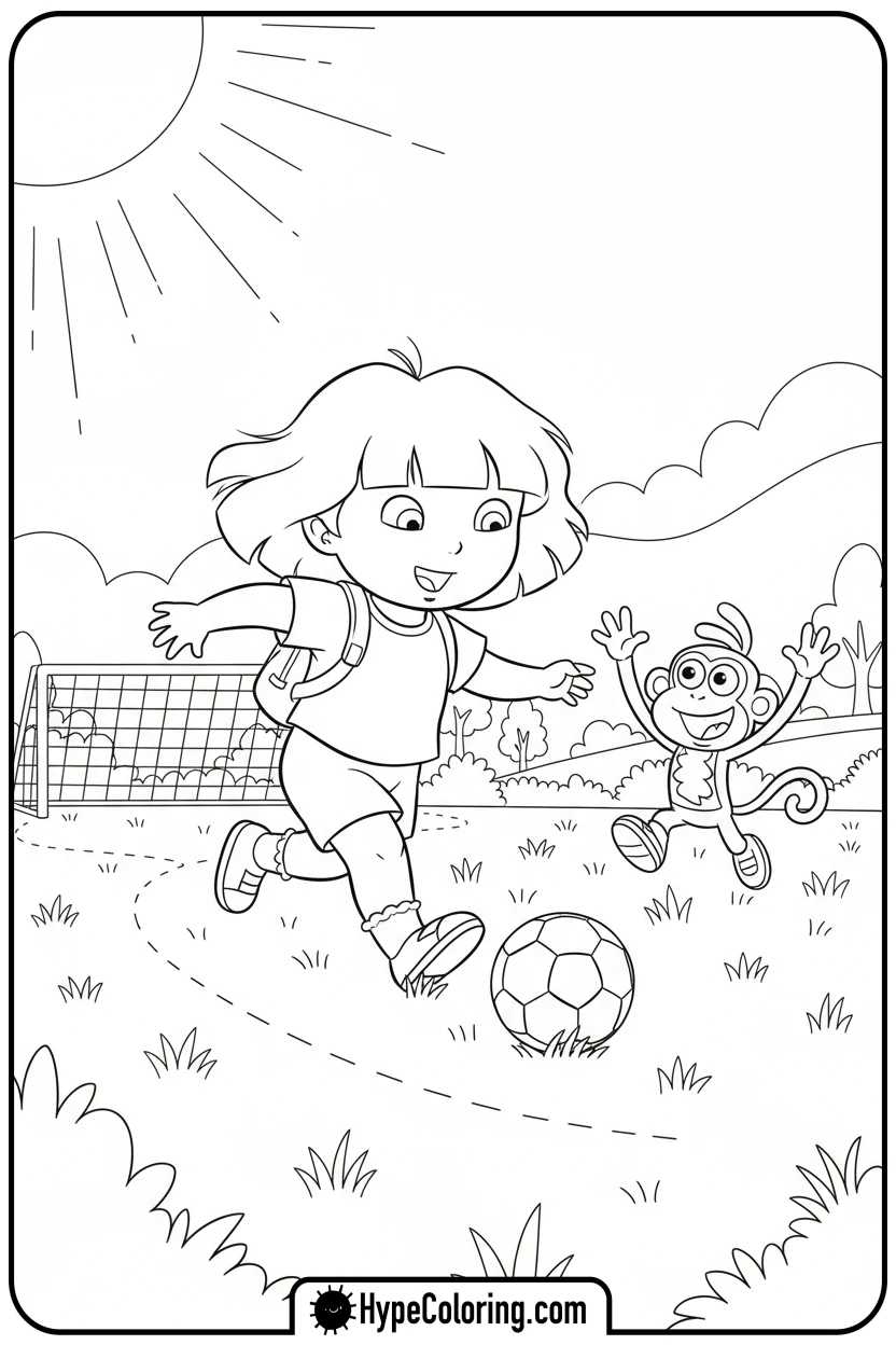 Click to download PDF dora-playing-soccer - dora the explorer coloring pages
