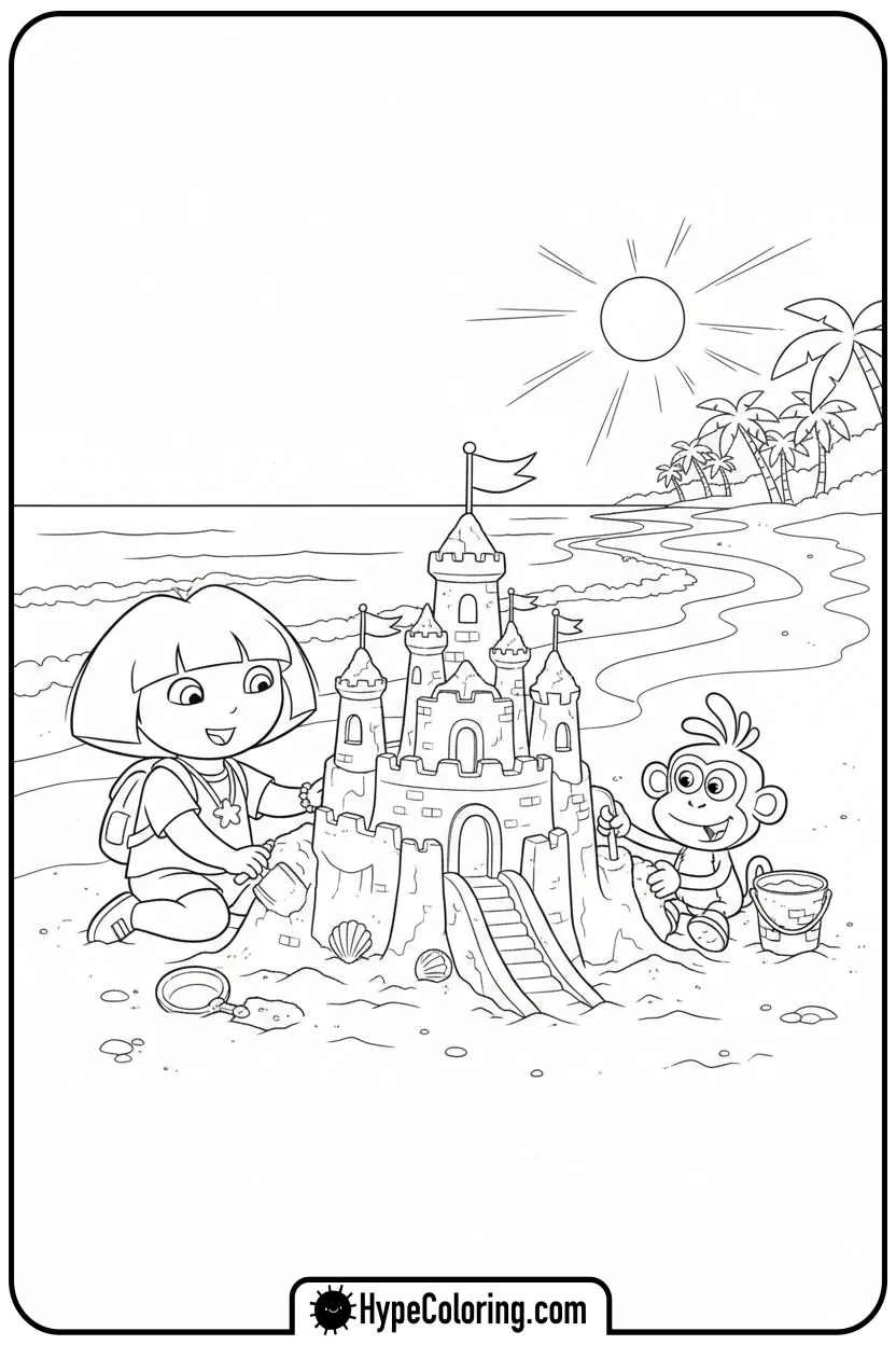 Click to download PDF dora-and-boots-building-sandcastle - dora the explorer coloring pages