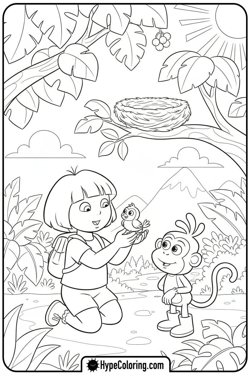 Click to download PDF dora-helping-baby-bird - dora the explorer coloring pages