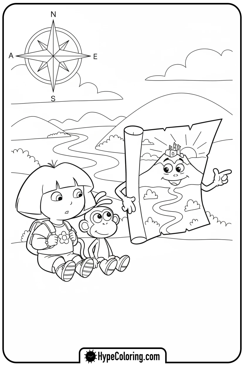 Click to download PDF dora-and-boots-listening-to-map - dora the explorer coloring pages