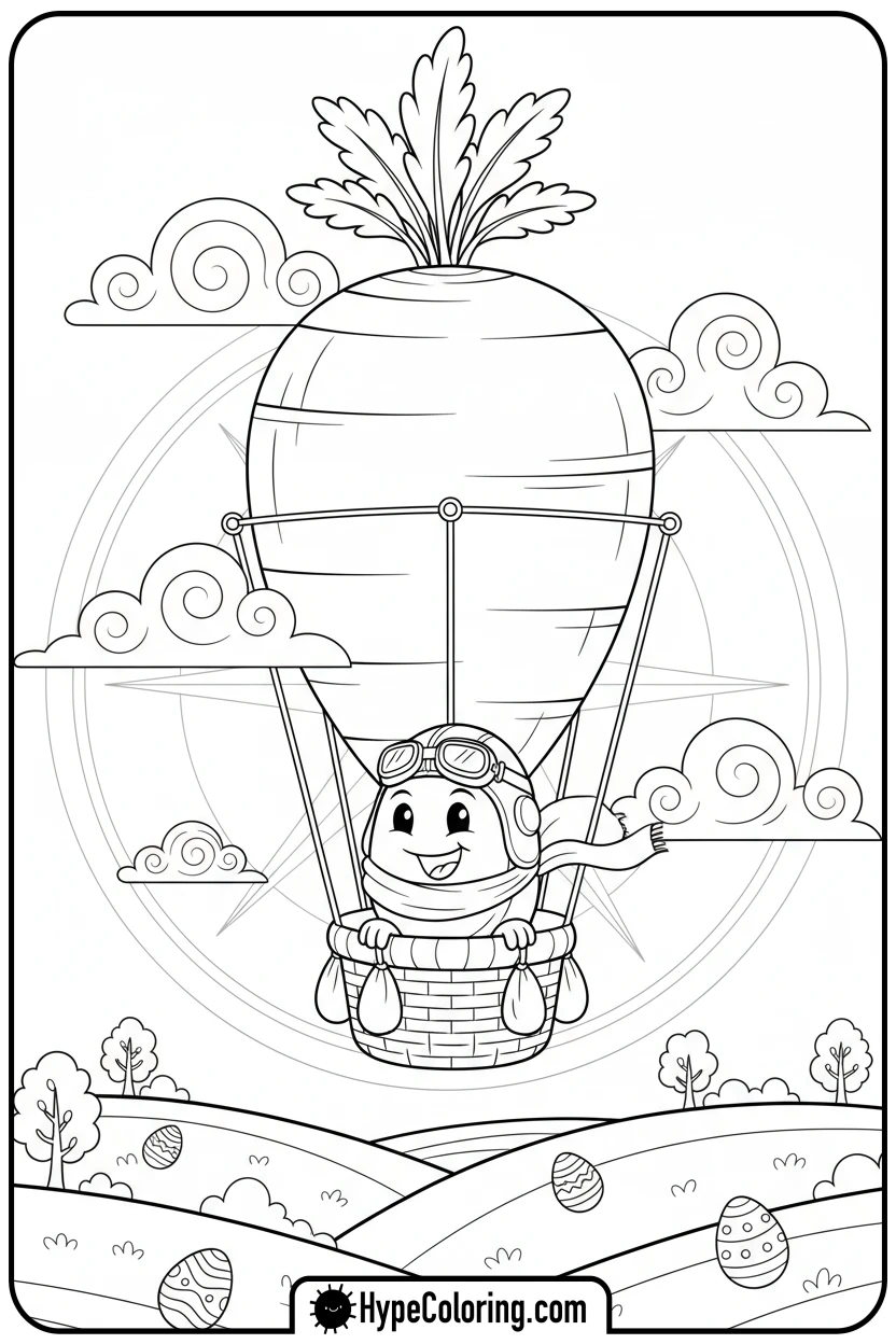 easter-egg-flying-in-carrot-balloon - easter egg coloring pages