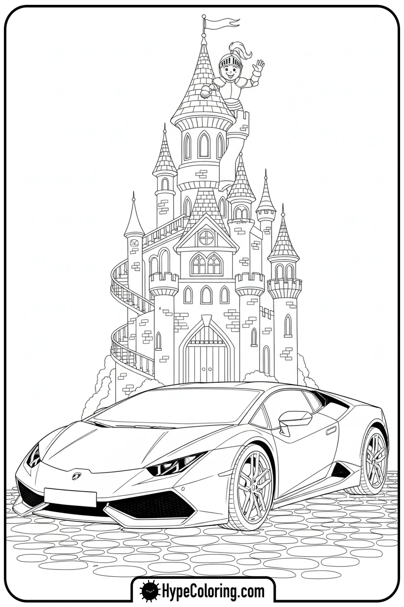 lamborghini-at-a-castle - lamborghini coloring page