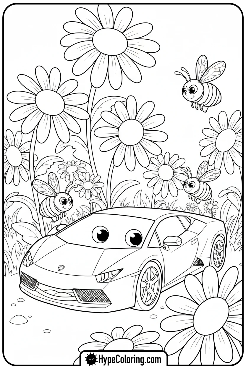 smiling-lamborghini-in-daisies - lamborghini coloring page