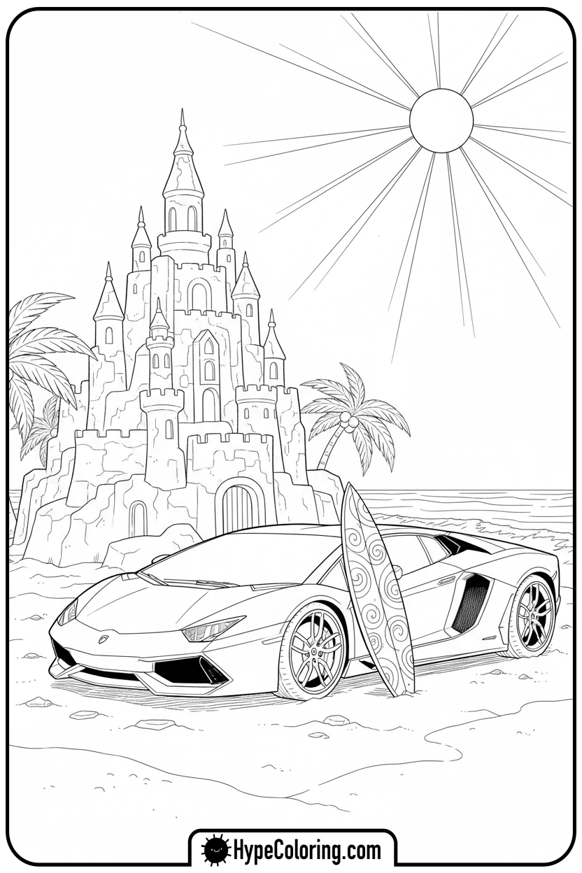 lamborghini-on-beach-with-sandcastle - lamborghini coloring page