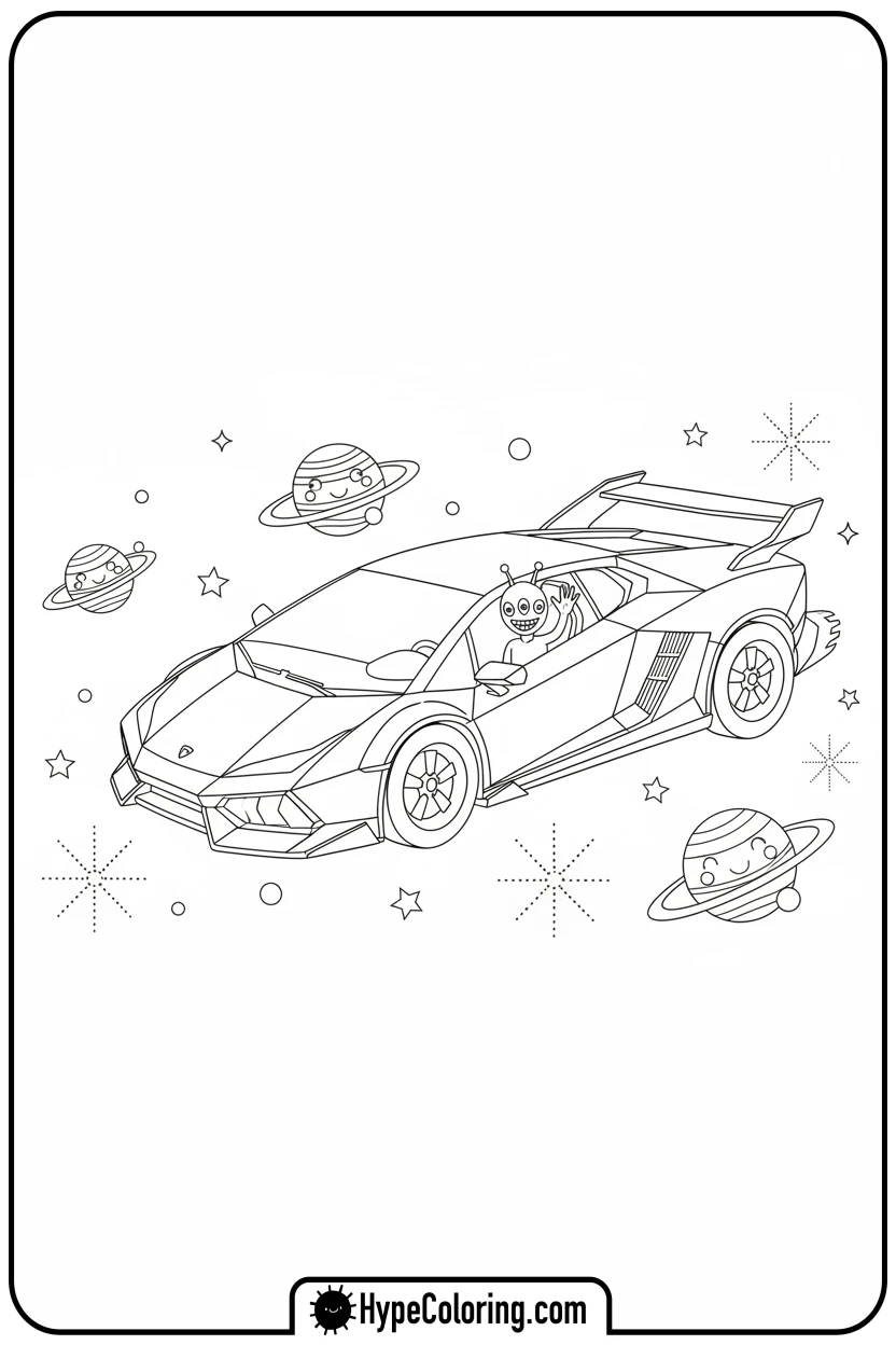 flying-lamborghini-in-space - lamborghini coloring page