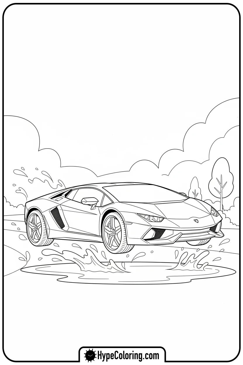 lamborghini-jumping-over-puddle - lamborghini coloring page