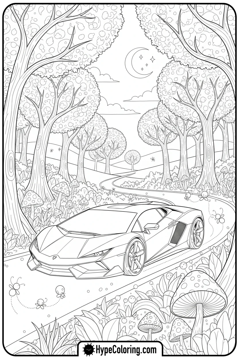 lamborghini-in-magical-forest - lamborghini coloring page