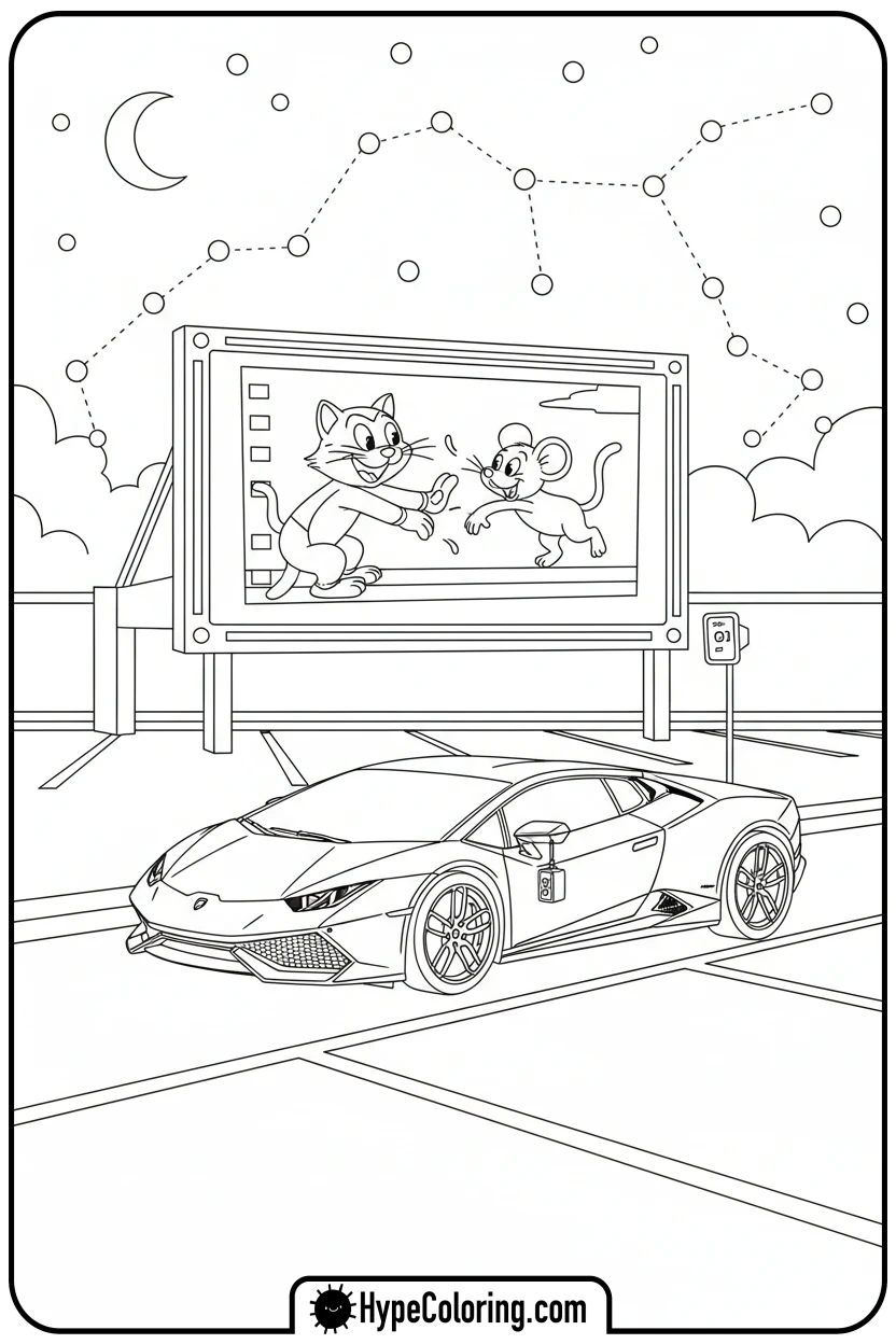 lamborghini-at-drive-in-movie - lamborghini coloring page