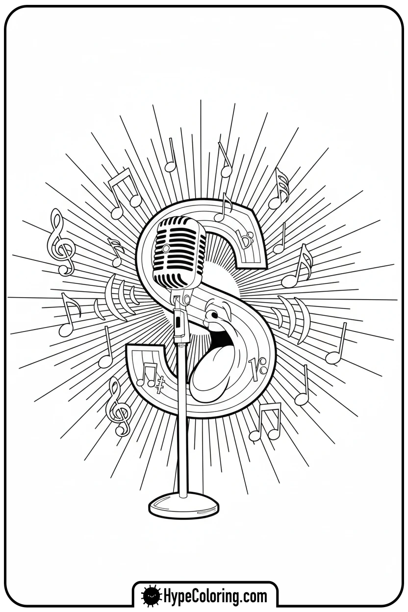 s-singer-with-microphone-and-notes - letter s coloring pages