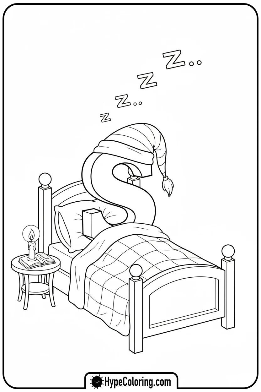 sleepy-s-in-bed-with-nightcap - letter s coloring pages