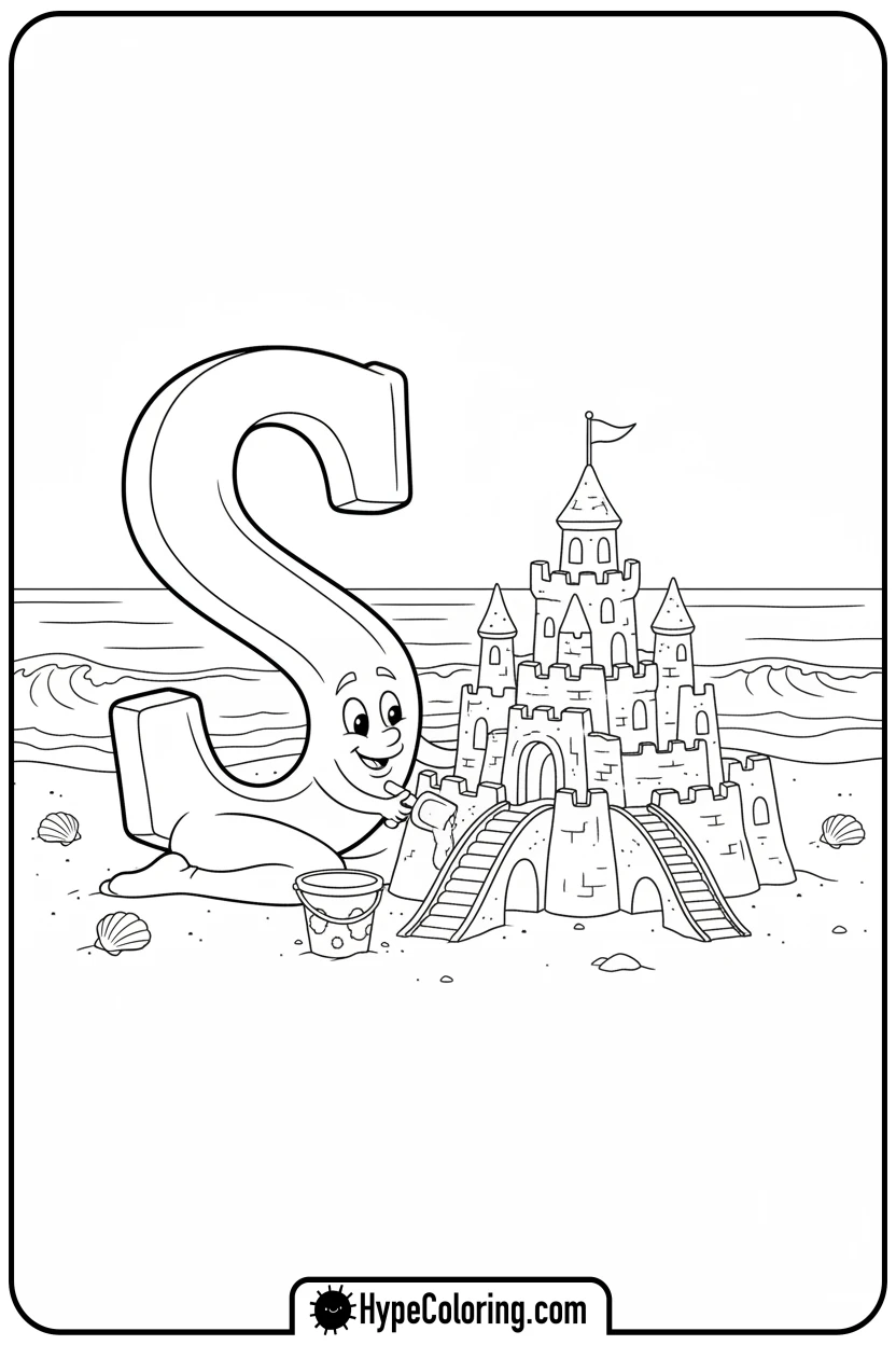 s-building-sandcastle-on-beach - letter s coloring pages