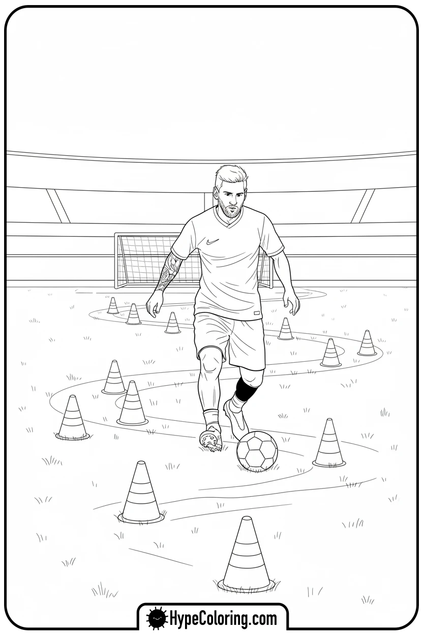 messi-training-with-cones - messi soccer coloring pages