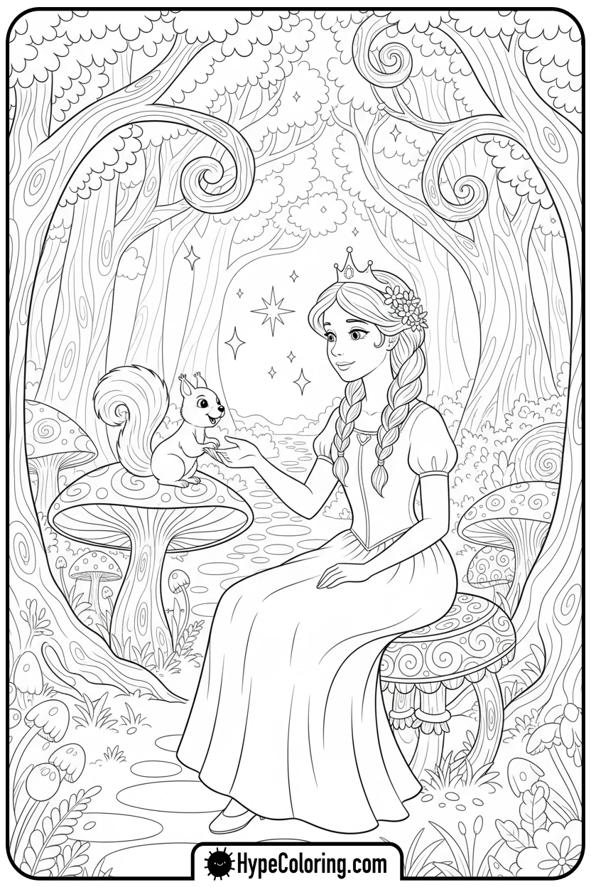 princess-with-squirrel-on-mushroom - printable princess coloring pages