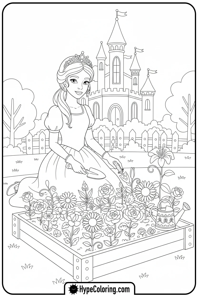 princess-gardening-with-flowers - printable princess coloring pages