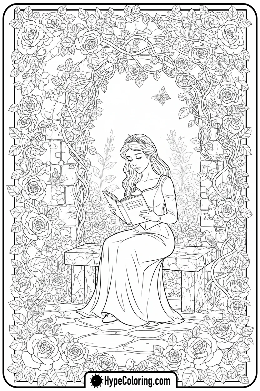 princess-reading-in-garden - printable princess coloring pages