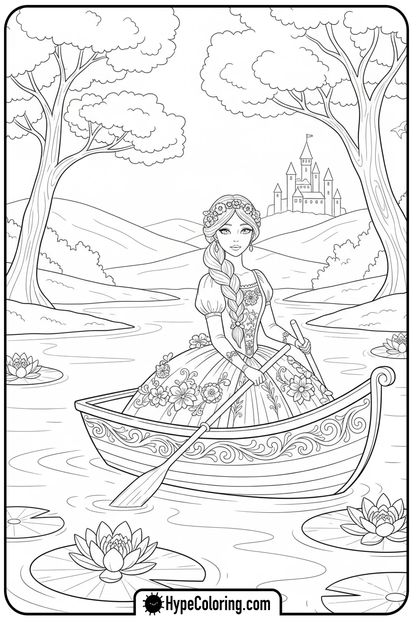 princess-paddling-a-rowboat - printable princess coloring pages