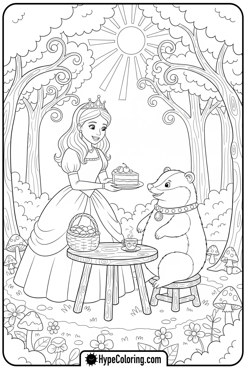 princess-sharing-cake-with-badger - printable princess coloring pages