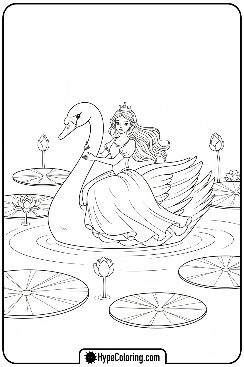 princess-riding-a-swan - printable princess coloring pages
