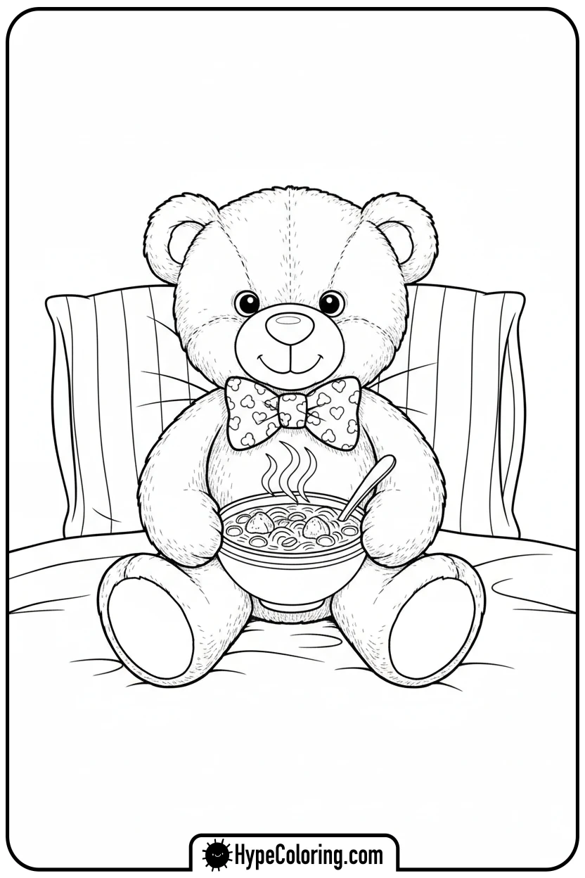 teddy-bear-eating-soup-in-bed - get well soon coloring pages