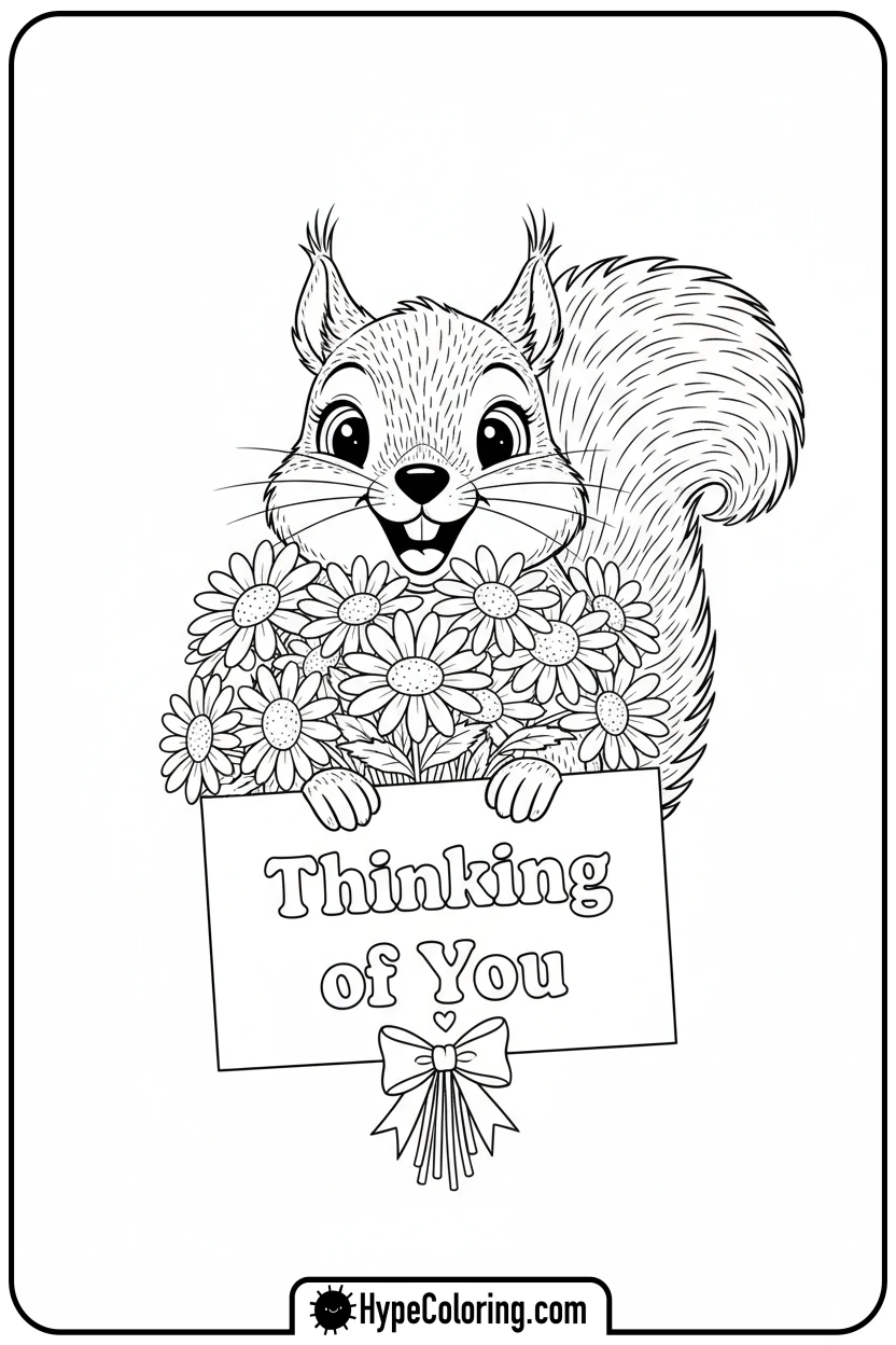 squirrel-with-flowers-and-card - get well soon coloring pages