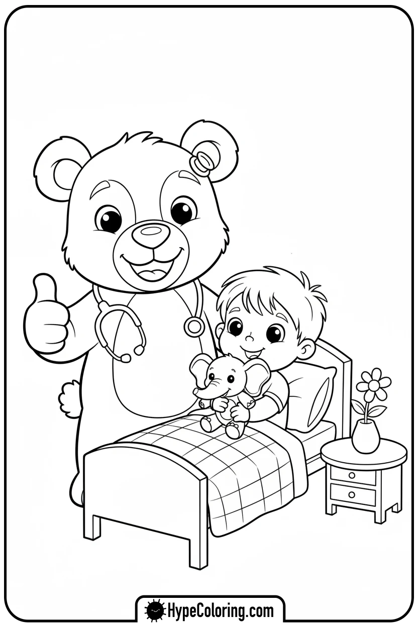 bear-doctor-with-child-and-elephant - get well soon coloring pages