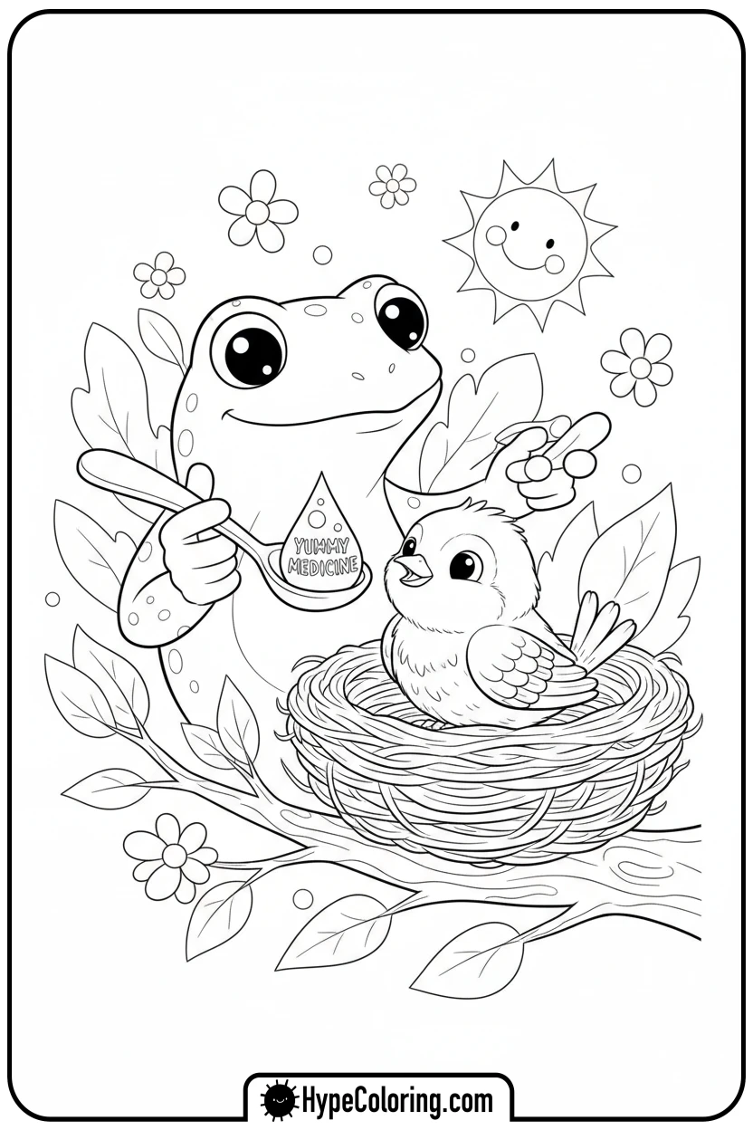 frog-giving-medicine-to-bird - get well soon coloring pages