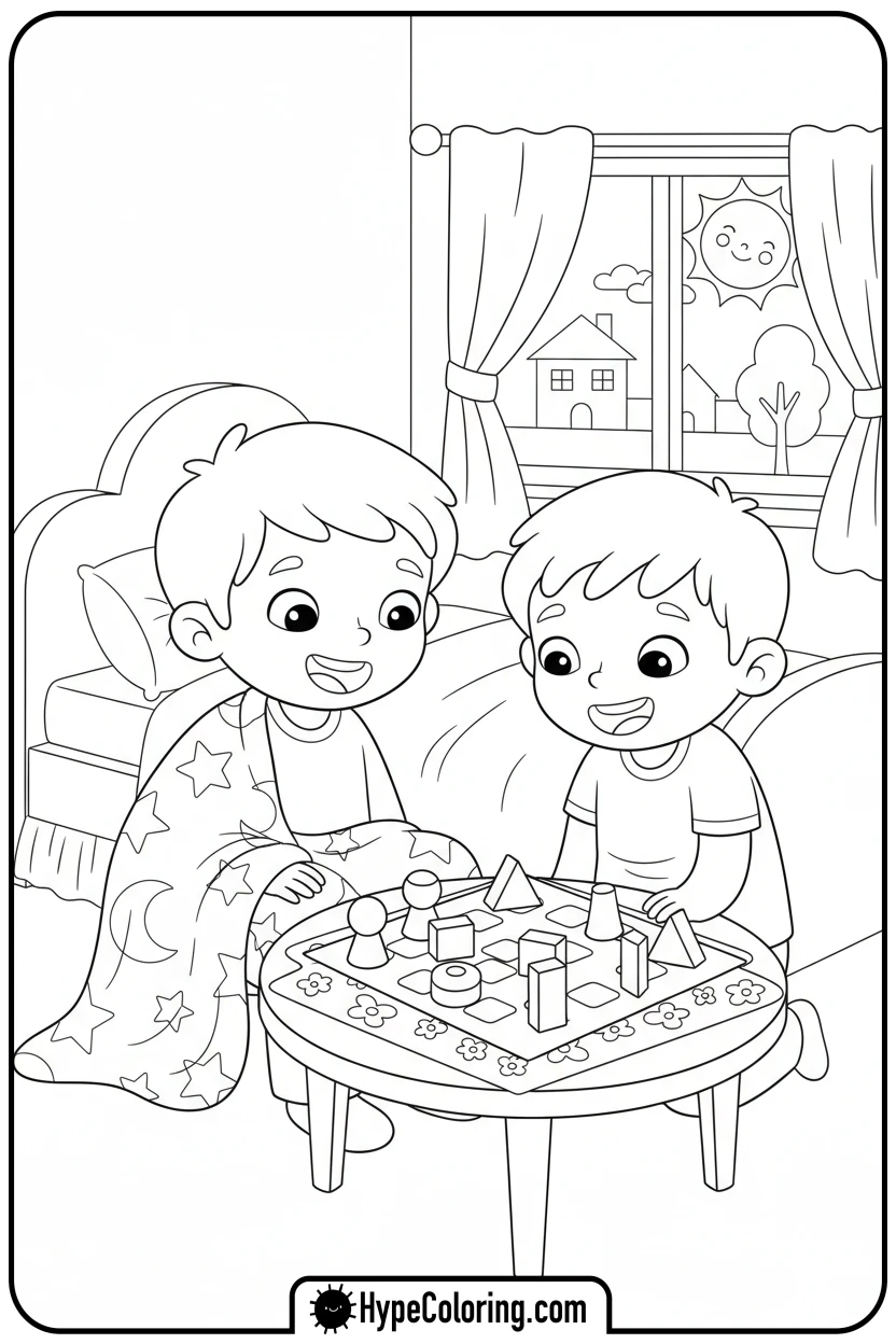 children-playing-board-game-in-bed - get well soon coloring pages