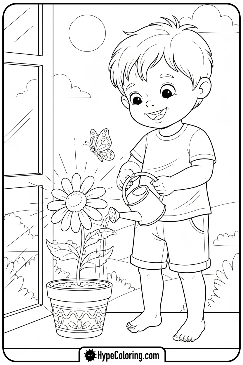 child-watering-plant-by-window - get well soon coloring pages