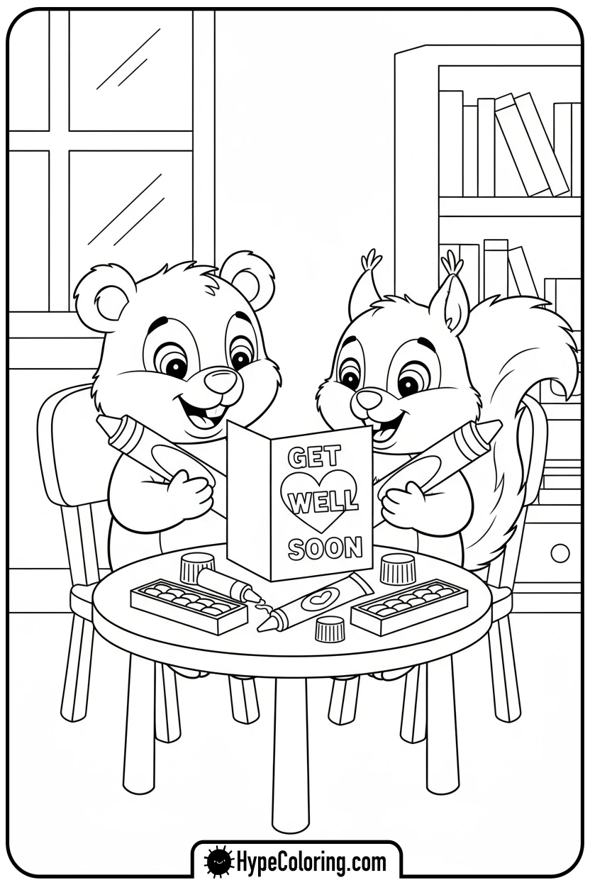 animals-making-get-well-card - get well soon coloring pages
