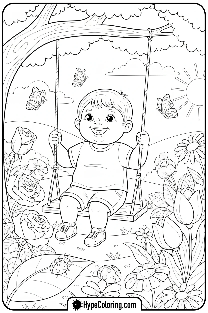 child-swinging-in-garden-with-flowers - get well soon coloring pages
