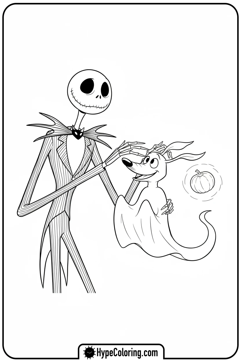 jack-petting-zero - jack skeleton coloring pages