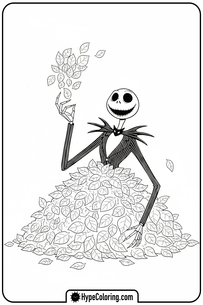 jack-playing-with-leaves - jack skeleton coloring pages