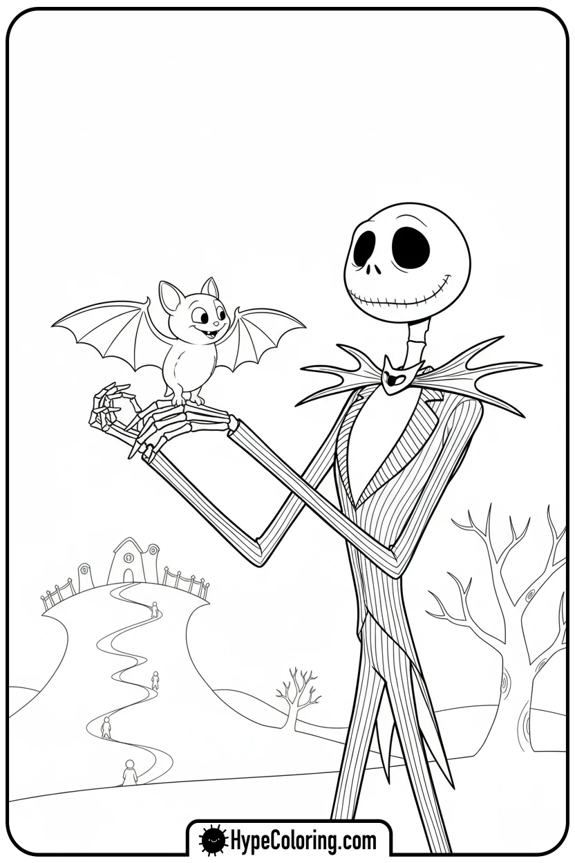 jack-with-a-friendly-bat - jack skeleton coloring pages