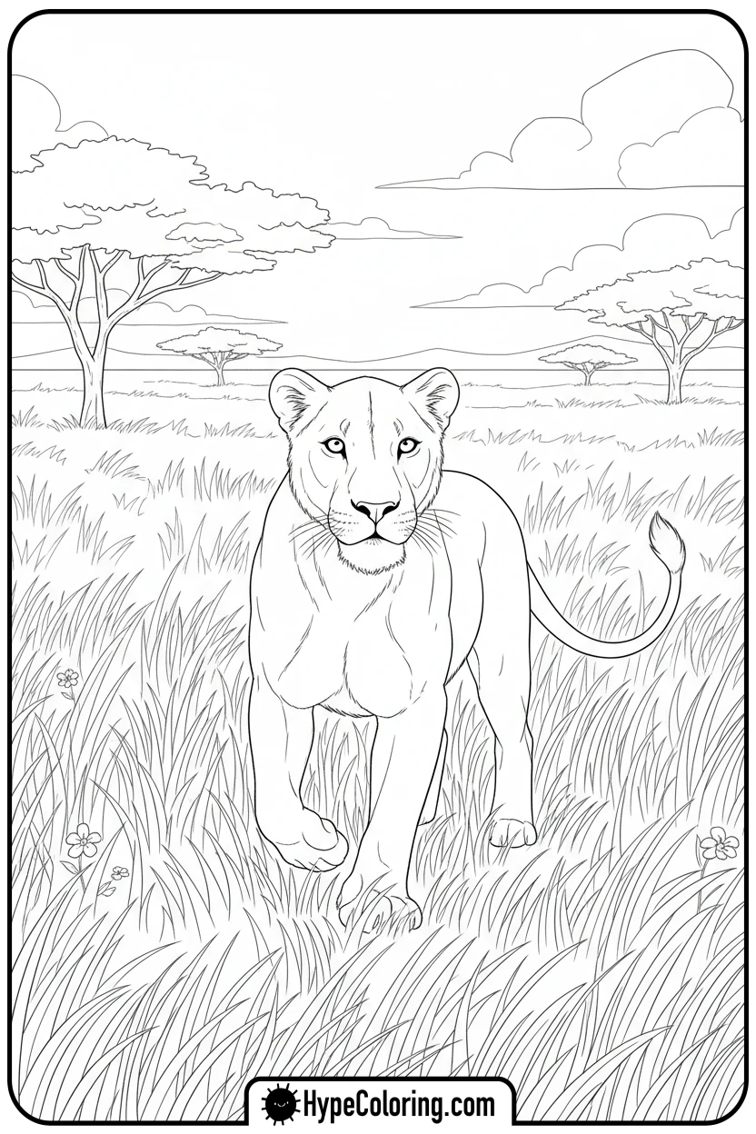 lioness-walking-through-grass - lioness coloring pages