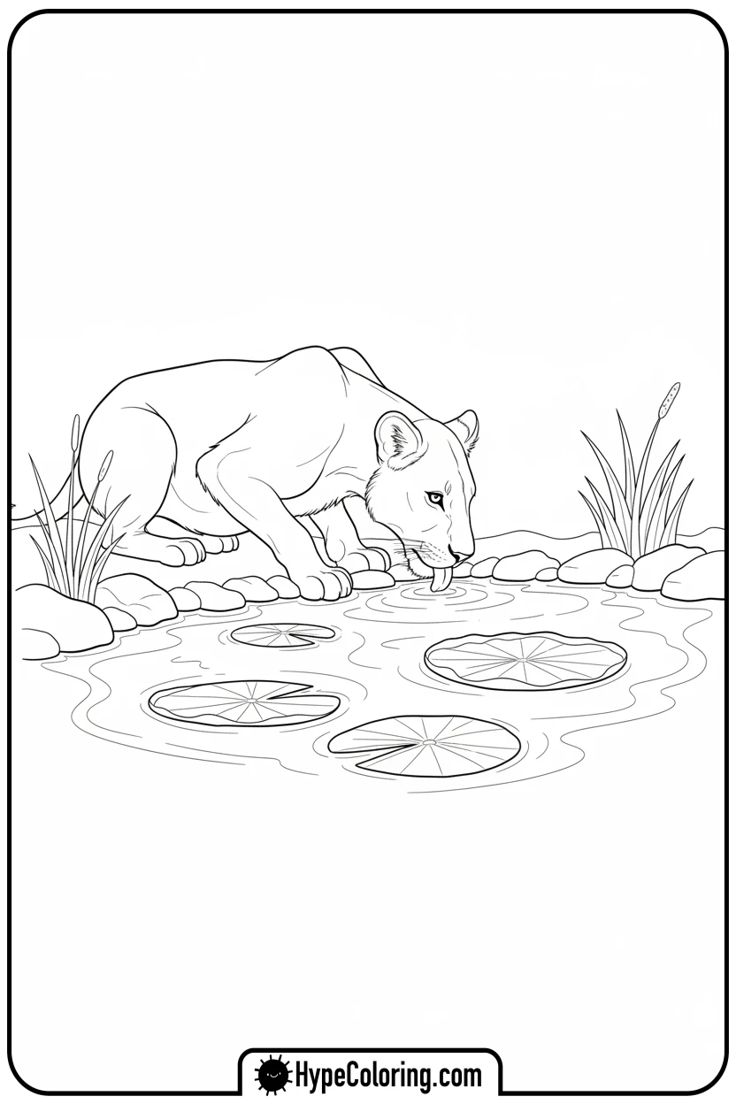 lioness-drinking-from-pond - lioness coloring pages
