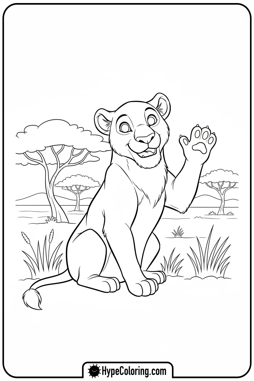 lioness-waving-hello - lioness coloring pages