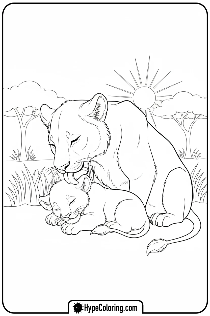 lioness-grooming-cub - lioness coloring pages
