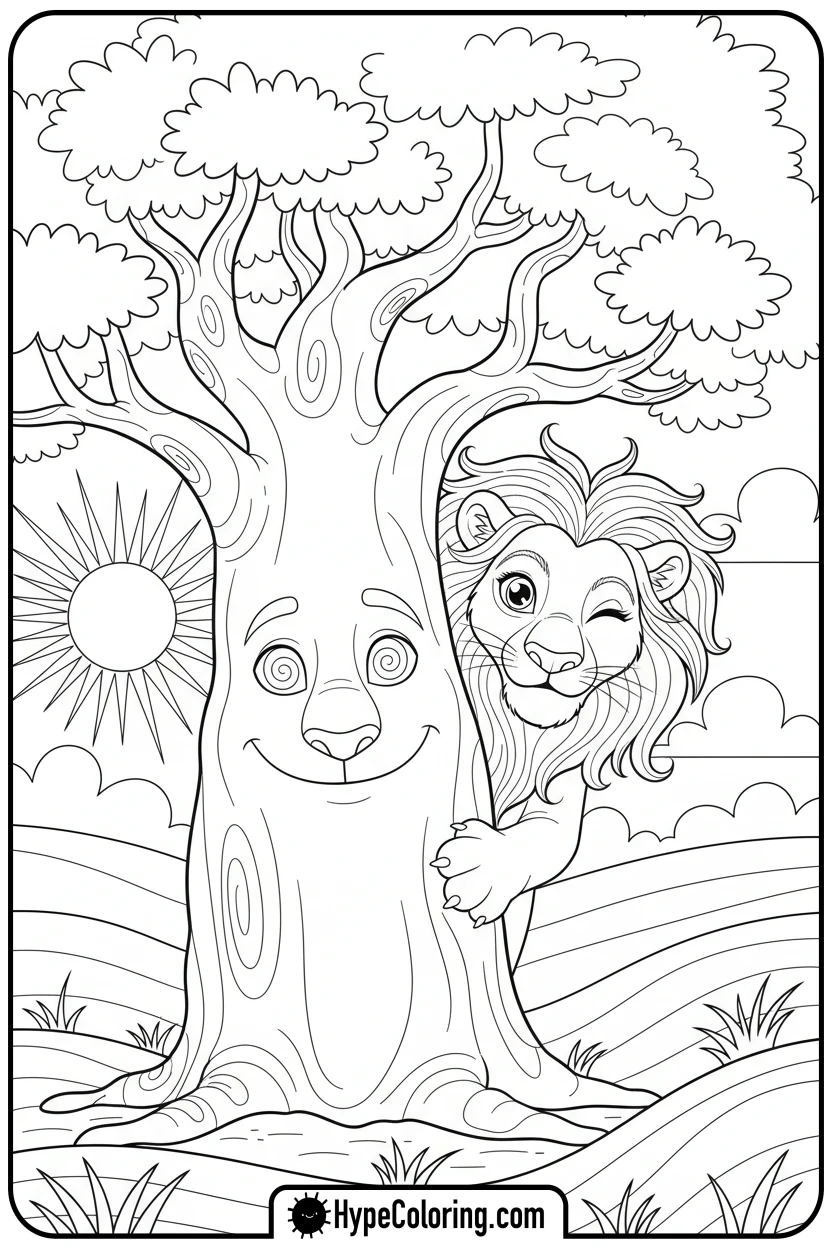lioness-peeking-from-tree - lioness coloring pages