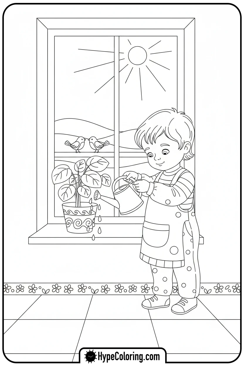 Click to download PDF child-watering-a-plant - mental health coloring pages