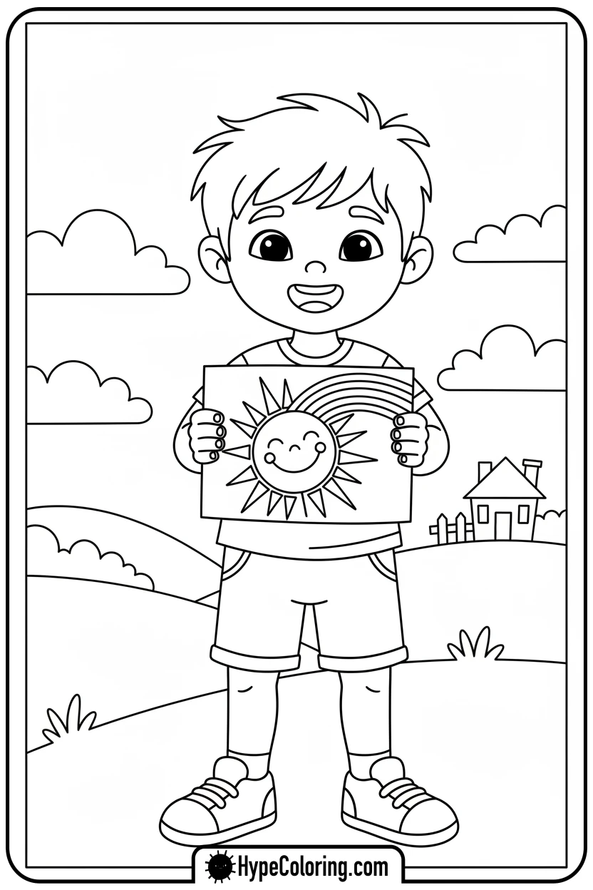 Click to download PDF child-holding-sun-drawing - mental health coloring pages