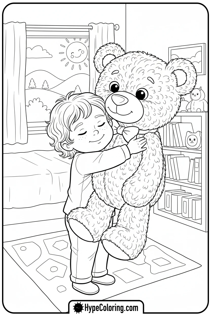 Click to download PDF child-hugging-teddy-bear - mental health coloring pages