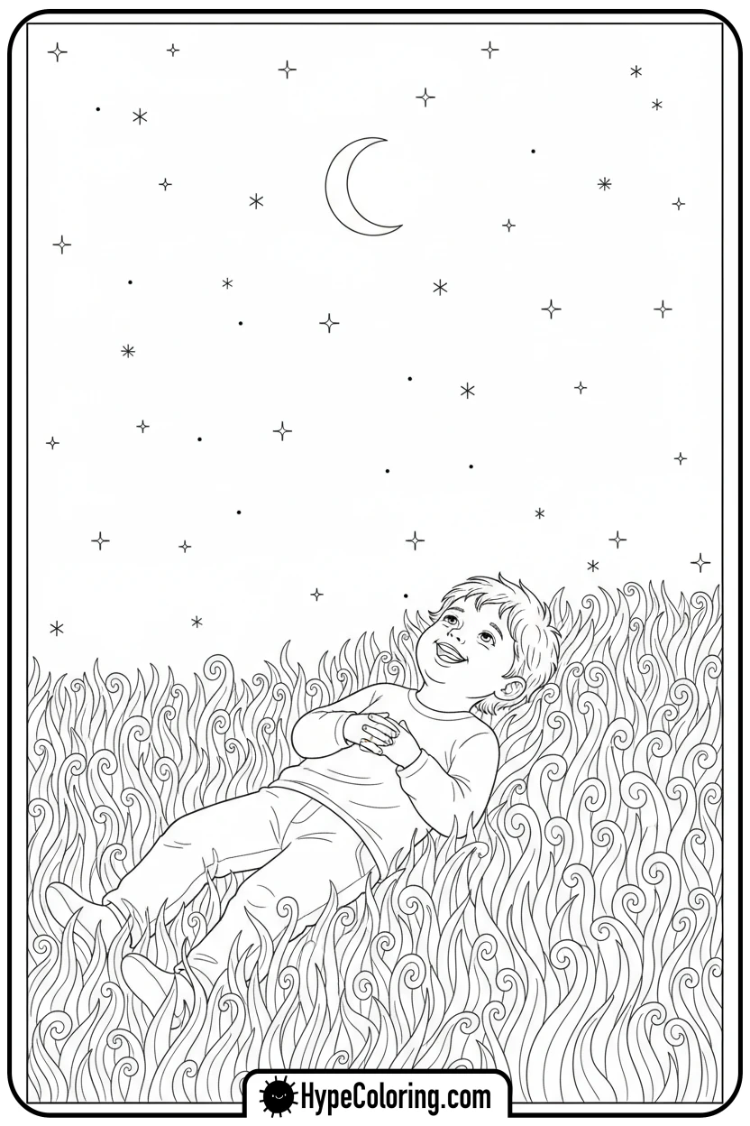 Click to download PDF child-stargazing-at-night - mental health coloring pages