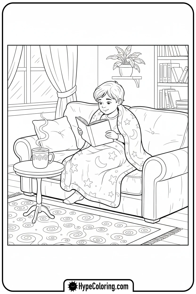 Click to download PDF child-reading-cozy - mental health coloring pages