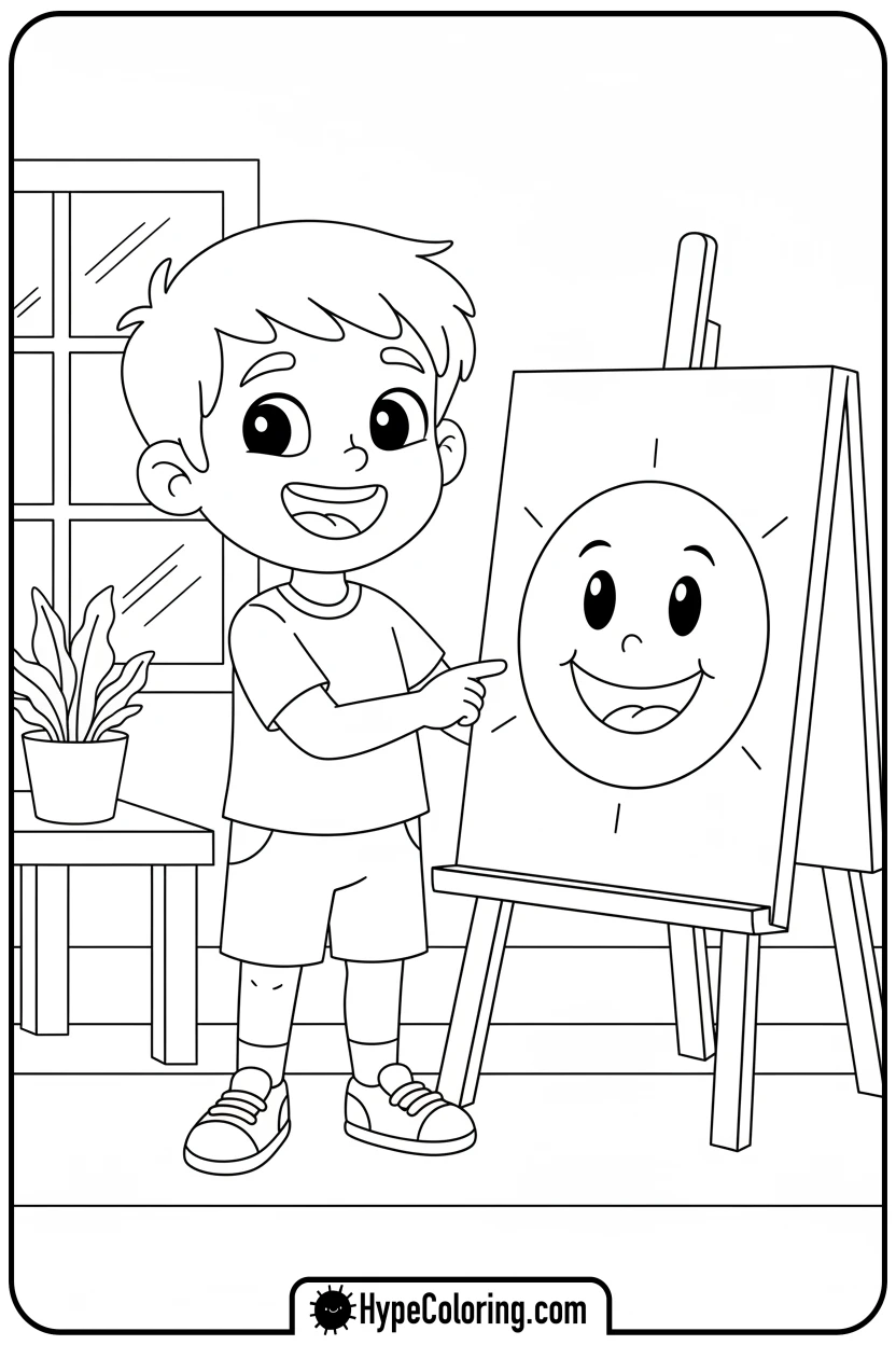 Click to download PDF child-pointing-to-happy-face - mental health coloring pages